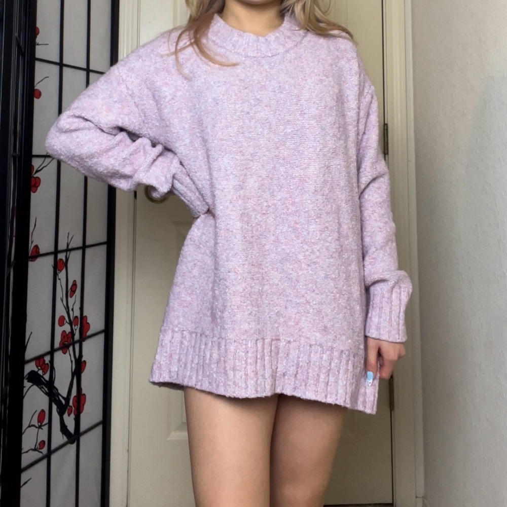 Soft Pink Oversized Cozy Crew-Neck Sweater Dress